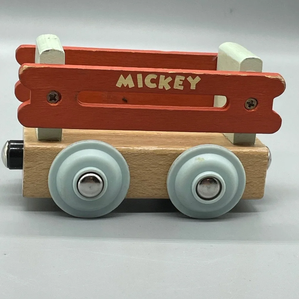 Disney Mickey Mouse Wooden‎ Train Car Cargo Wagon Red Blue Magnetic Toy